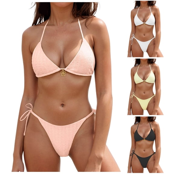 yueewhu Women's Sexy Halter Bikini Set Triangle Top String Swimwear Two Piece Swimsuits Cheeky Bathing Suit (Light Yellow, XL)