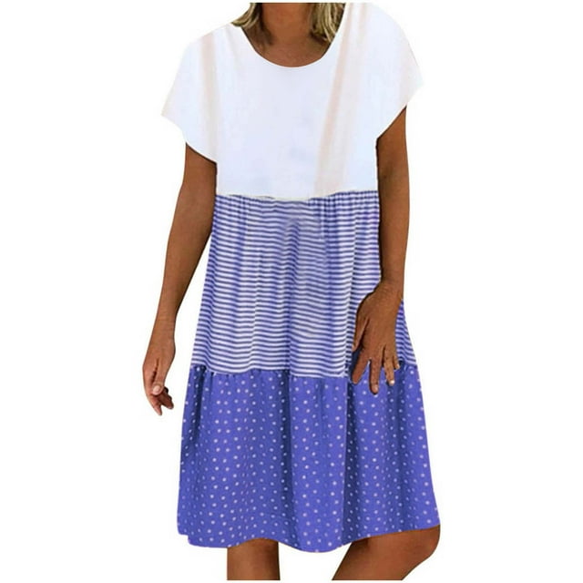 QIPOPIQ Robes pour Femmes Taille Empire à Étages Ample Manches Courtes Tendance Décontractées Robes Amples Robe d'Été à Rayures Patchwork Col Rond Robe Offres 2023
