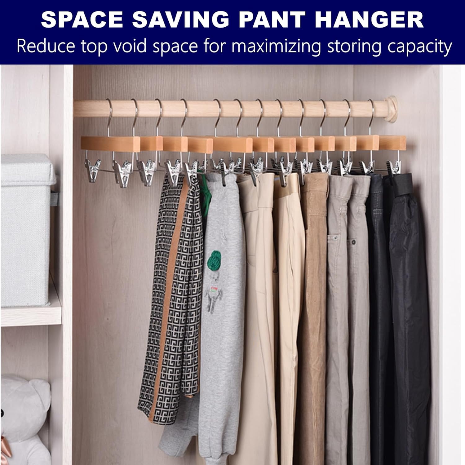 Cozymood 15 Pack Wooden Pants Hangers, Solid Wood Bottom Jeans Skirt Hanger with 2-Adjustable Clips Anti Rust Hook