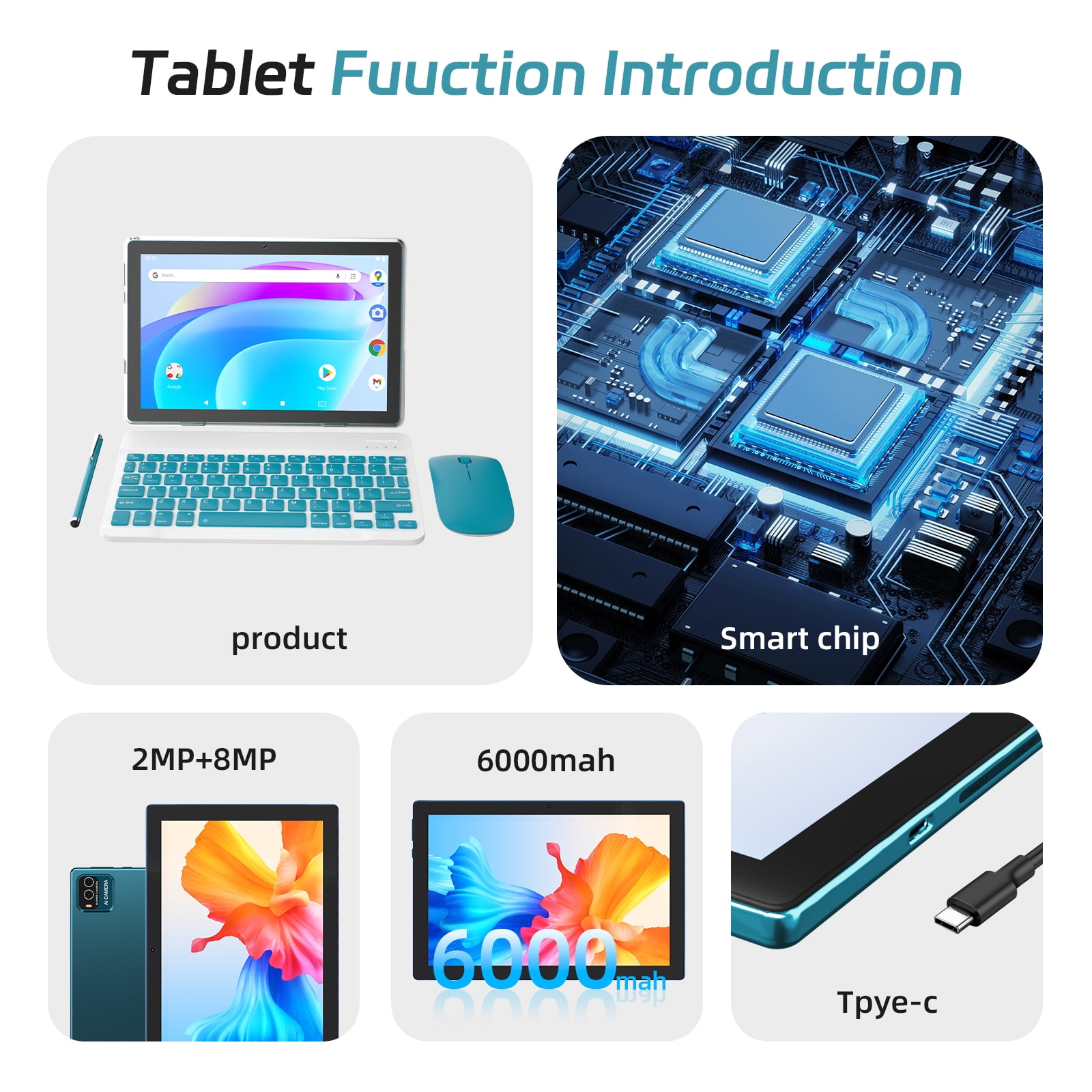 Android 15 Tablet, 10 inch 2 in 1 Tablets with Keyboard, 12GB RAM 64GB ROM 1TB Expand, Quad-Core 2.0Ghz CPU, 5G WiFi 6, BT5.0, 1280x800 HD Touchscreen, 6000mAh, Widevine L1, GMS Tablet, Navy