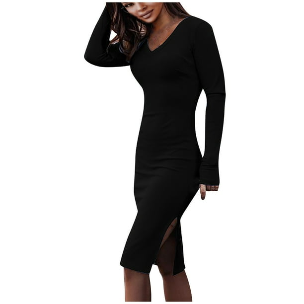 Vestido con abertura en las nalgas de manga larga para adelgazar sólido con cuello en V sexy para mujer Fridja NMB4614