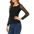 thumbnail image 4 of INSPIRE CHIC Women's Square Neck Blouses Sheer Mesh Long Sleeve Slim Fit Textured Ruched Top L Black, 4 of 7
