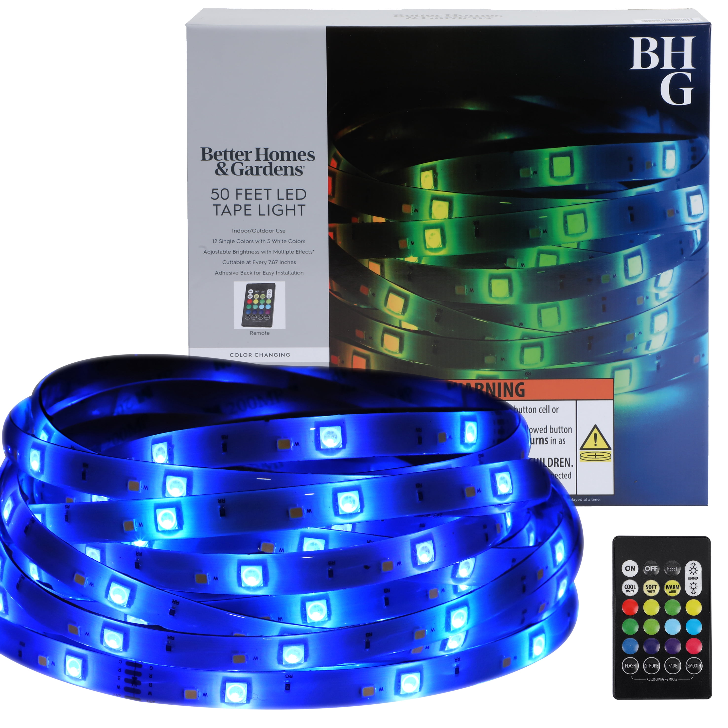 Better Homes & Gardens 50ft Color-Changing LED Tape Light, Remote, Indoor/Outdoor, 1 Count
