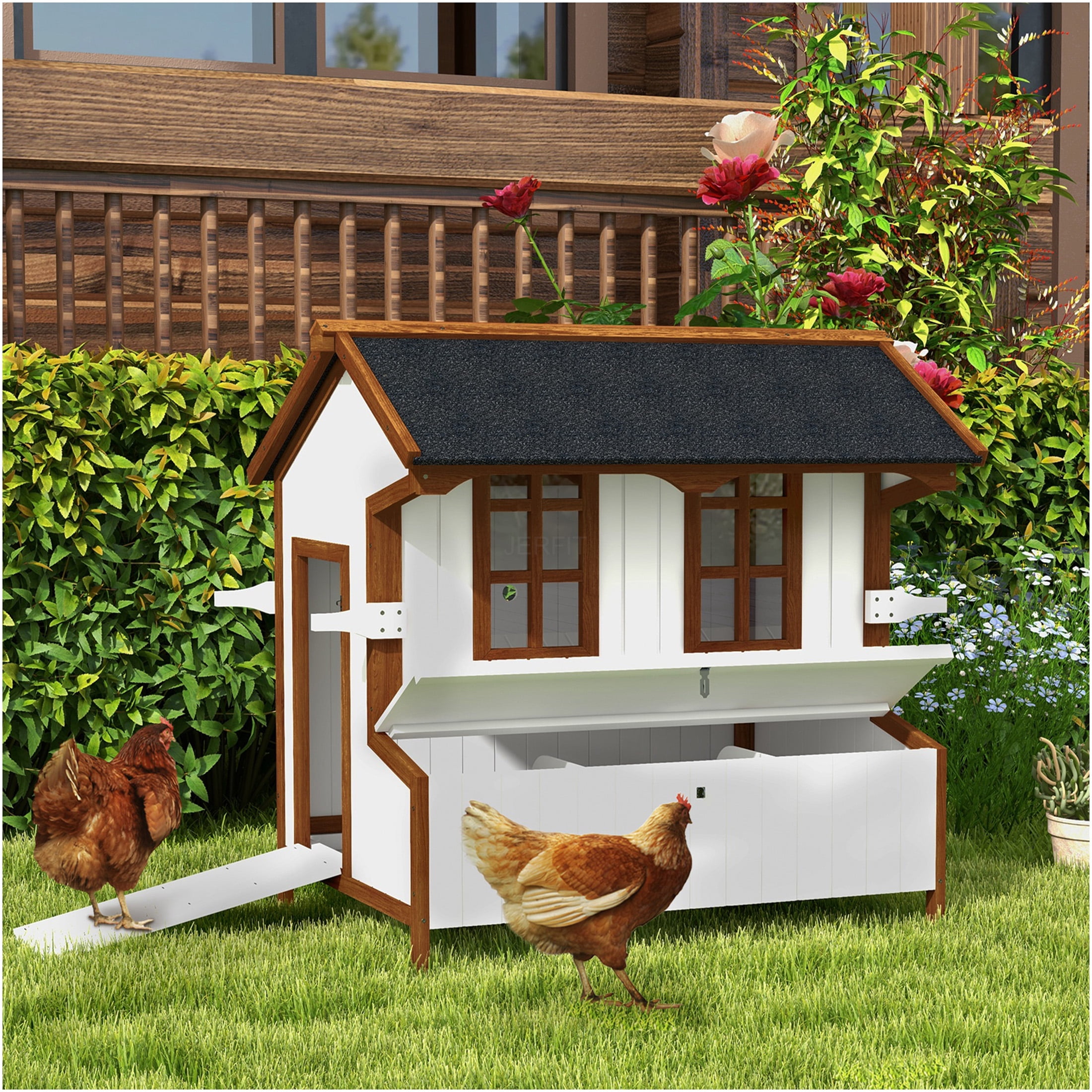 JERFIT 47 Inch Large Chicken Coop Outdoor with Wheels, Wooden Rabbit Hutch with Nesting Box, Waterproof Roof & Ramp for Hens, Ducks, Poultry