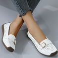 thumbnail image 2 of Loafers for Women Classic Leather Square Toe Casual Slip On Flat Dress Shoes Comfortable Hollow Out Soft Sole Walking Shoes White Size 10, 2 of 7