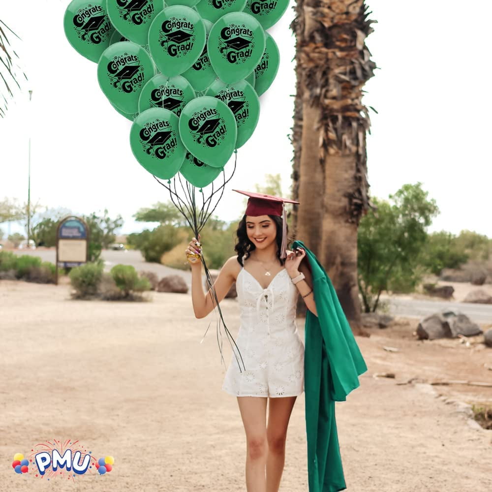 PMU 50 Pcs Graduation Balloons PartyTex 11 inch Premium Jade Green with All-Over Print White Grad Caps-Confetti and Streamers Graduation Party Decorations