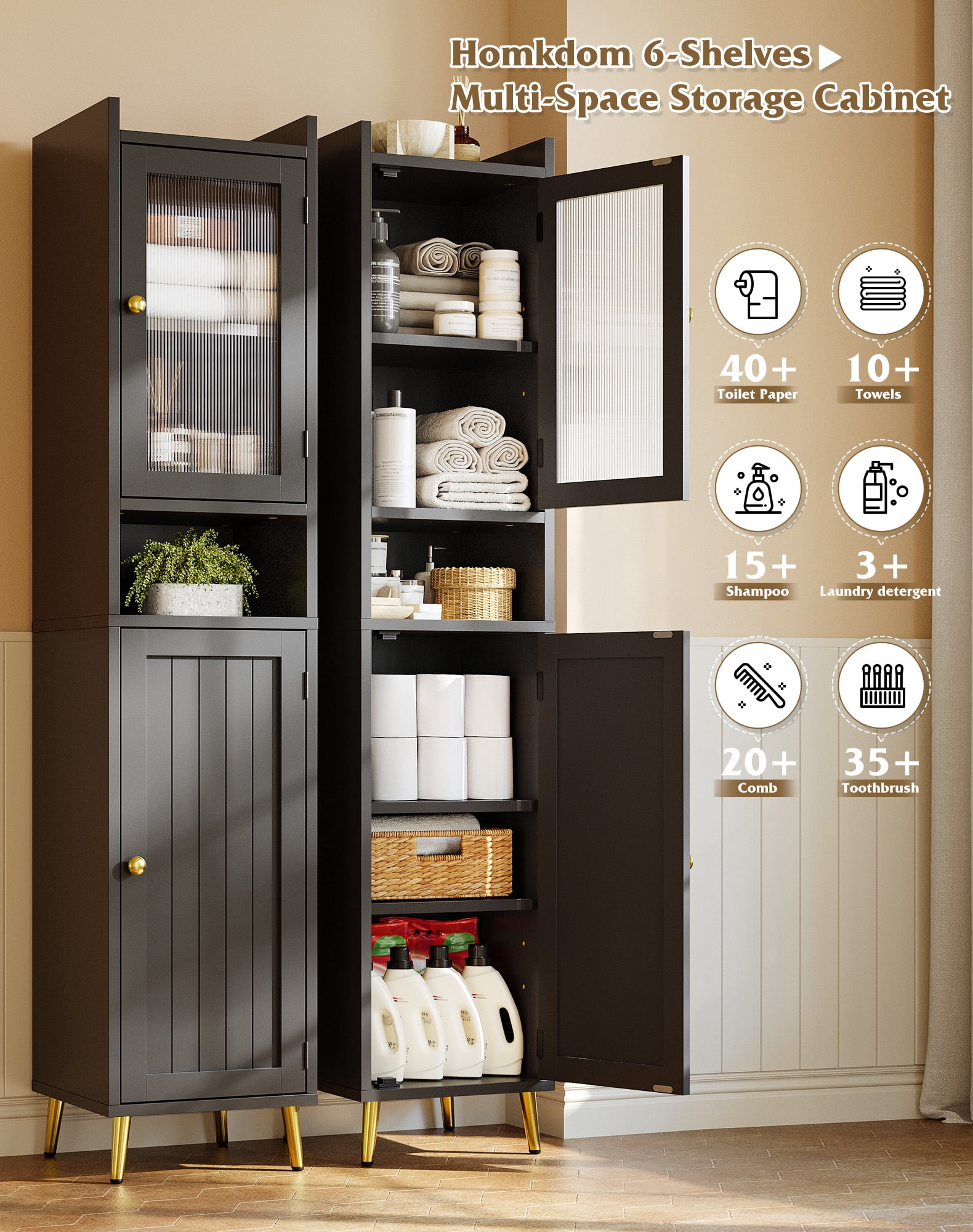 EnHomee 69" Tall Bathroom Storage Cabinet,Narrow Linen Cabinet with 2 Door and Adjustable Shelves​,Black