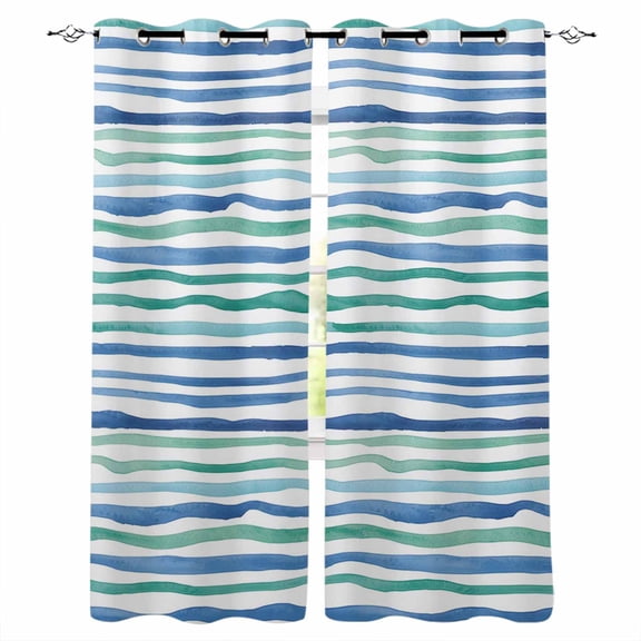 Green Blue Stripes Blackout Curtains 90 Inch Length 2 Panels Set for Living Room Bedroom, Ocean Waves Abstract Modern Art Privacy Window Treatment Thermal Insulated Black Out Drapes 52"x90"