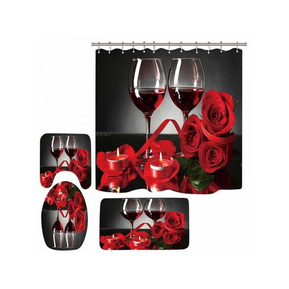Romantic Red Wine Glass Rose 3D Digital Printing Shower Curtain Carpet Mat