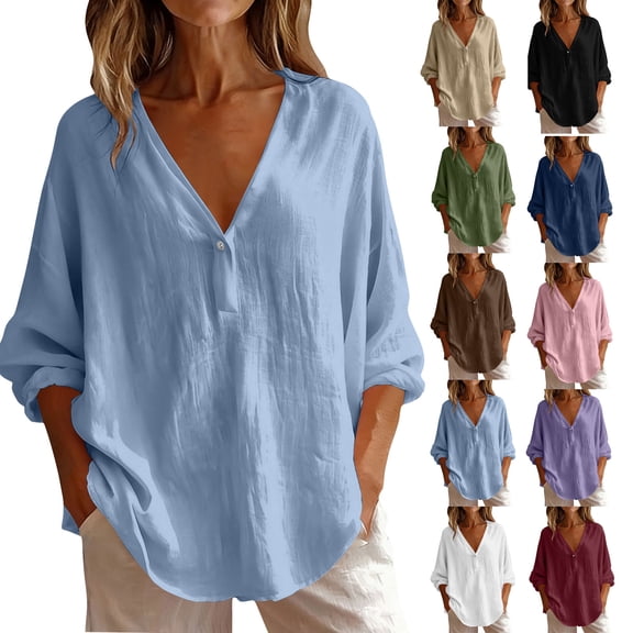 VBVC Women's Cotton Linen V Neck Button Blouse, Ladies' Loose Fit Long Sleeve Top, Casual Work Office Tunic Shirt For Women, Blue , S-2XL