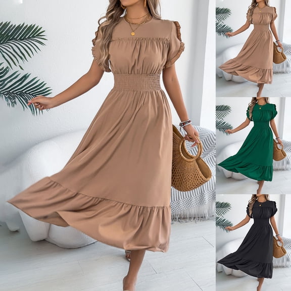 ClodeEU Womens Round Neck Short Sleeve Dress With Belt,Leisure Fashion Pure Color Long Style Dress Black,Womens Plus L