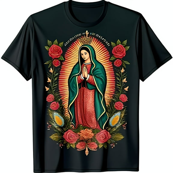 Colorful Graphic Black T-Shirt with Prayerful Design & Roses