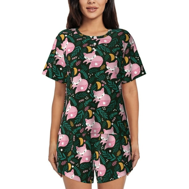Fotbe Pink Sleeping Fox Conjunto de Pijama Estampado para Mujer, 2 Piezas, Ropa de Dormir con Camiseta de Manga Corta y Shorts Suaves-Large