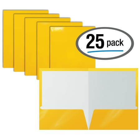 Glossy 2 Pockets - 2 Pocket Glossy Laminated YELLOW Paper Folders, Letter Size, Yellow Paper Portfolios by Better Office Products, Box of 25 Yellow Folders