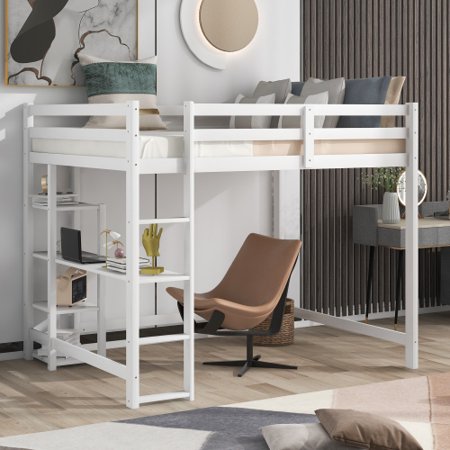 Full Size Loft Bed with Built-in Desk and Shelves  Bunk Bed with safety rail and ladder Space Saving for Kids