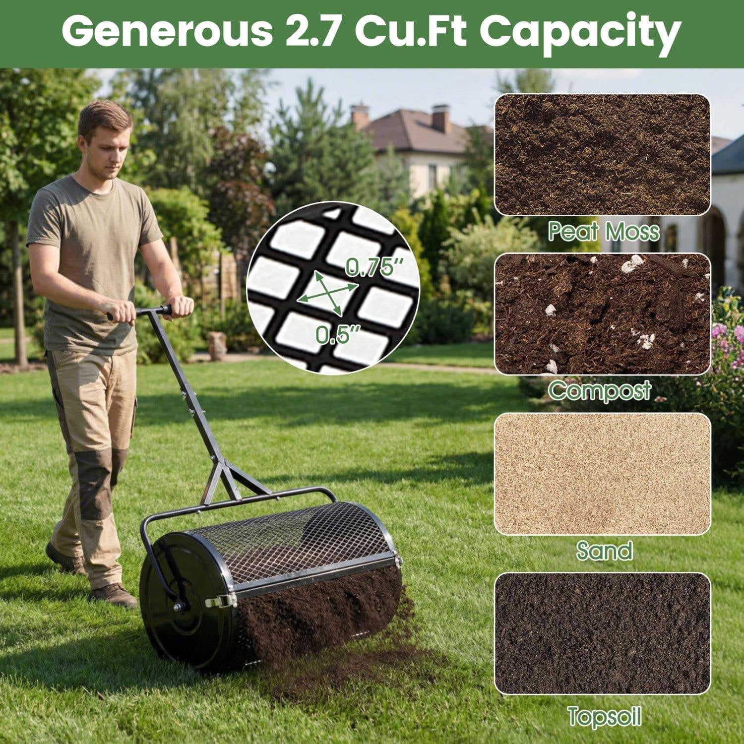 Resenkos 24 Inch Compost Spreader Roller with Adjustable T Shaped Handle, 2.7 Cu.Ft Lawn Topdressing Peat Moss Spreader for Garden and Yard, Black