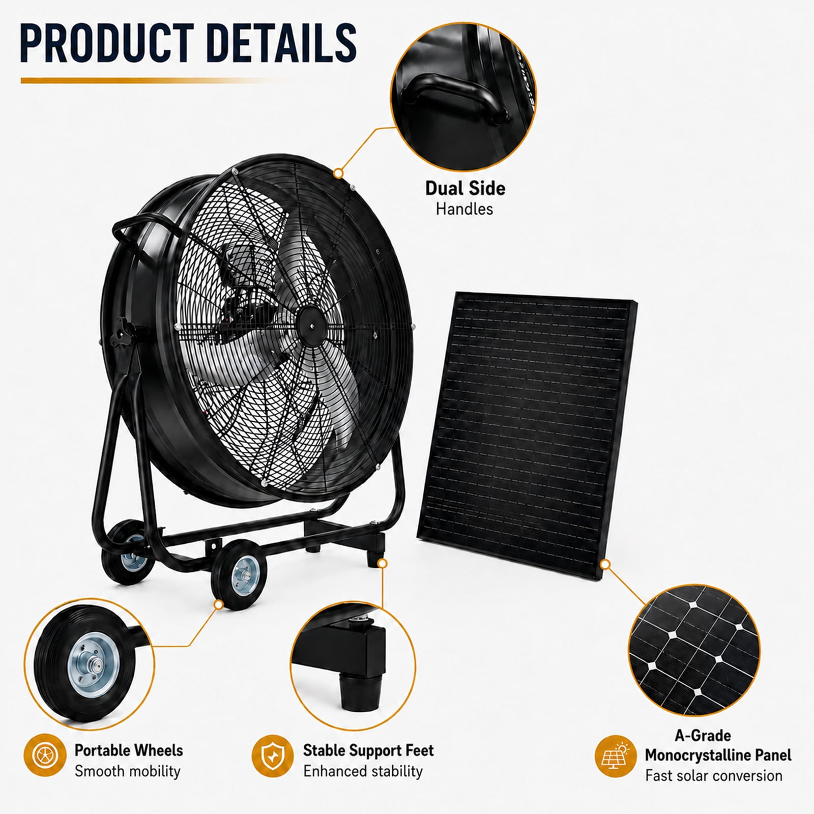 30-Inch Wheeled Solar Fan with 140W Adjustable Panel and Remote Control, 3-Speed Brushless Vent Fan for Workshop and Greenhouse, Black