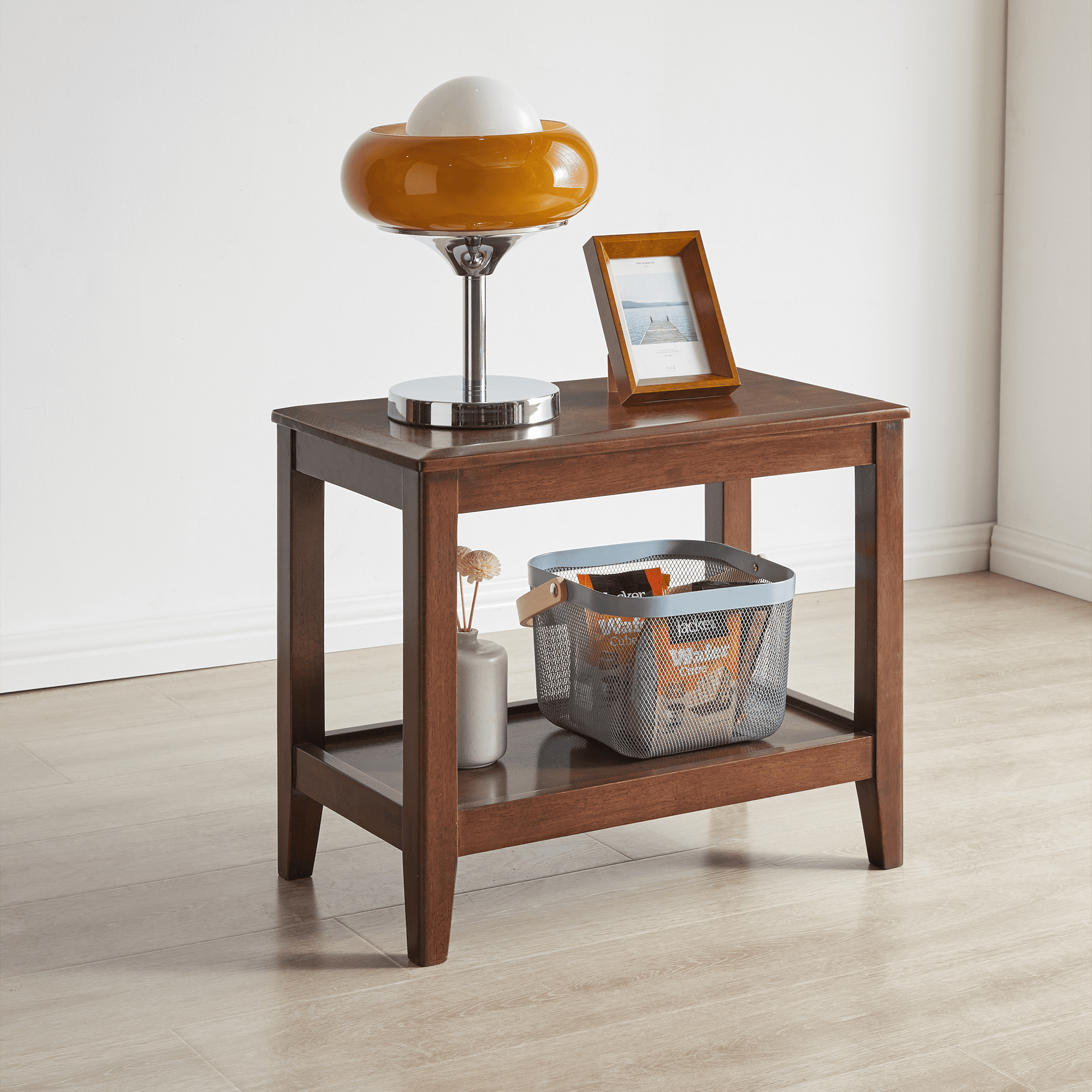Solid Rubberwood 2-Tier Rustic End Table with Storage Shelf, Multipurpose Sofa Side Table & Indoor Plant Stand for Living Room Home Office