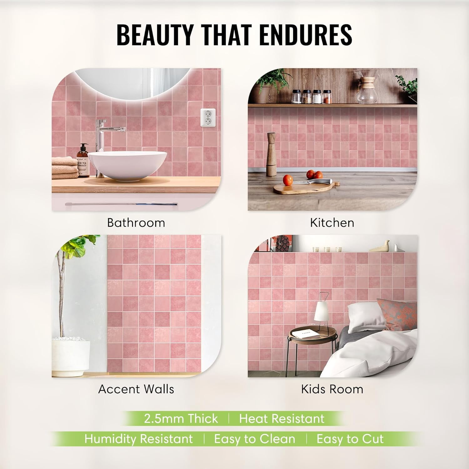 Select 5 Pack Peel and Stick Backsplash Square Tiles, Extra Thick 3D Wall Panels, Heat & Water Resistant, Easy DIY Kitchen, Bathroom, Laundry, Fireplace & Rental Home Wall Décor (12 x 12 in), Pink