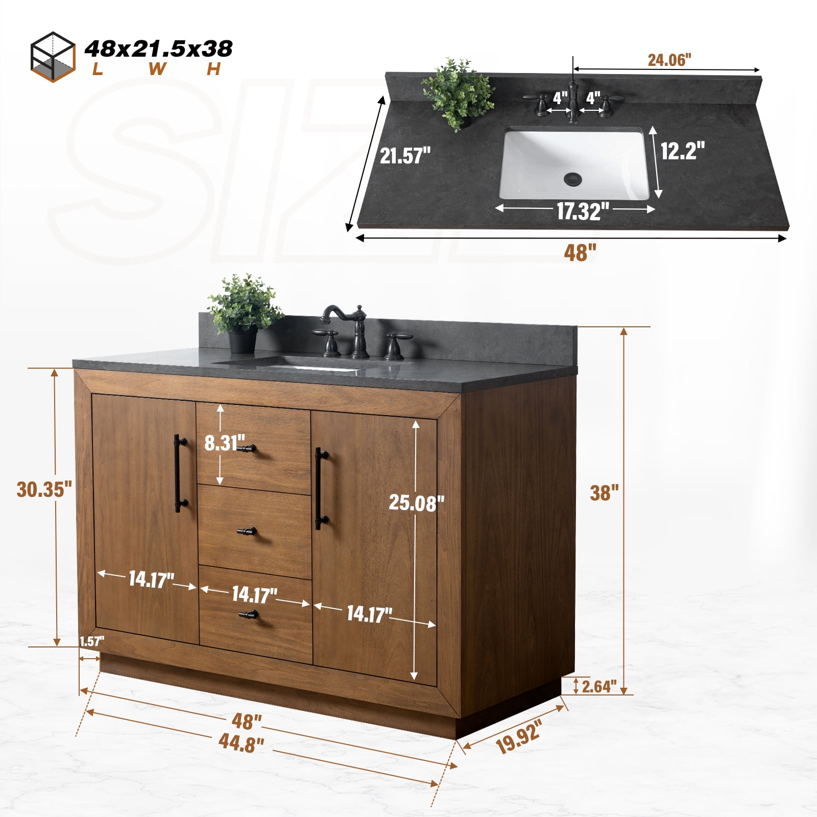 Vanity Art 42" Single Bathroom Vanity with Sink, Freestanding Bath Storage Cabinet with Black Limestone Top