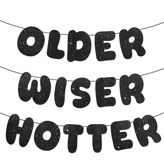Set of 3 Pre-Strung 'Older Wiser Hotter' Glitter Banners - Funny Birthday Decorations for Women 30th 40th 50th 60th 70th 80th Birthday Party - Black Glitter Party Sign