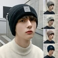thumbnail image 2 of Men Hat Solid Color Labeling Brimless Stretch Coldproof Beanie Hat Autumn Winter Plush Lining Ear Protection Hat Streetwear, 2 of 10