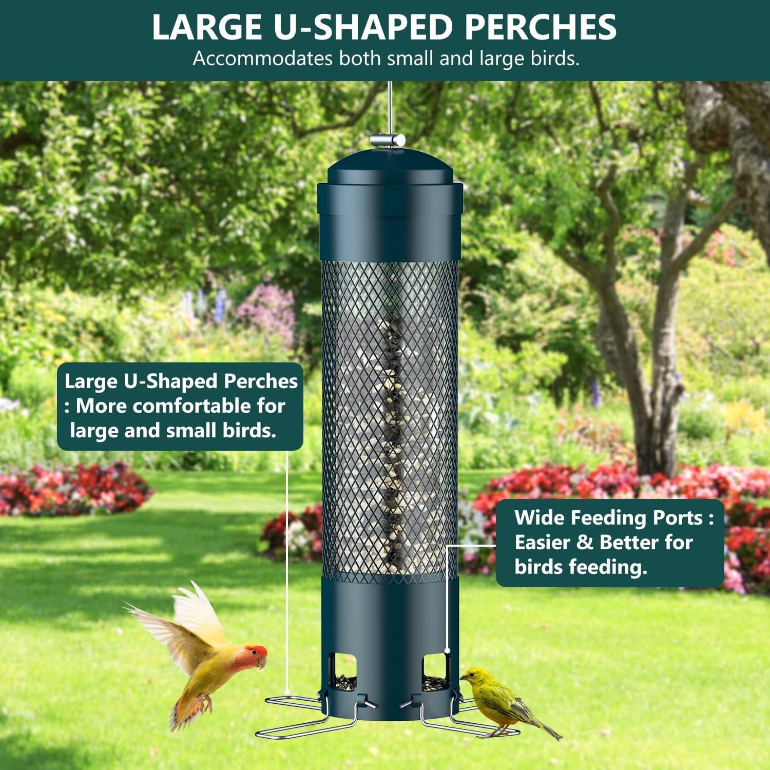 Bird Feeders for Outdoors Squirrel Proof with Weight-Activated Perches, Hanging Bird Feeder for Outside, Metal Feeder for Wild Cardinal, Finch, Blue Jay, Chickadee, 3.6LB Seed Capacity, Black