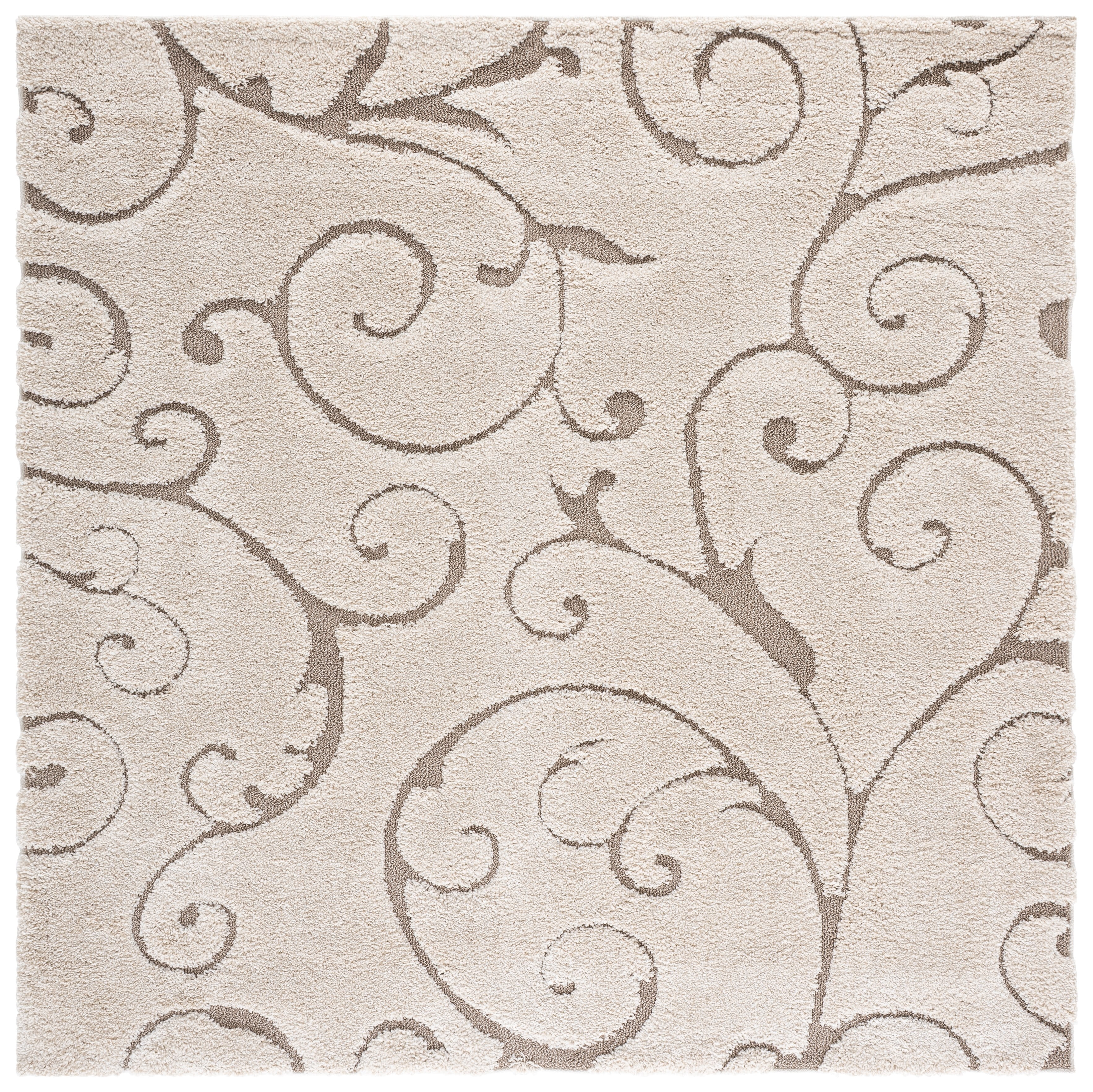 SAFAVIEH Florida Doug Floral Vines Geometric Shag Area Rug, Cream/Beige, 8' x 8' Square - Transitional Modern Design, Cream & Beige, Non-Shedding & Easy Cleaning, Ultra Plush Thick Pile, Ideal for Li