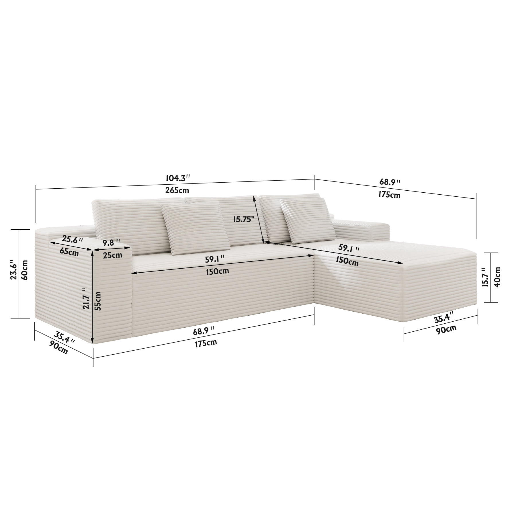 Aukfa 104" Modular Cloud Sectional Sofa with Right-Facing Chaise, Plush Corduroy Upholstered Deep Seat Couch, No Assembly Required for Living Room/Bedroom/Apartment, White