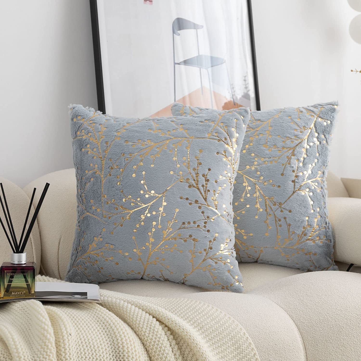 Set of 2 Fluffy Grey Faux Fur Pillow Covers with Gold Branches Glitter Printed Throw Pillows Decorative Soft Furry Sparkling Square Cushion Cases for