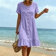 thumbnail image 3 of 2026 Summer Womens Dress 100% Cotton Casual Short Sleeve V-Neck Button Front Hem Mini Dress, 3 of 9