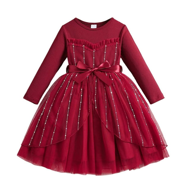 Vestido de Manga Larga para Niñas con Nudo de Arco Y Cinturón, de Moda de Color Sólido de Malla de Manga Larga para Niños 3-10 Años