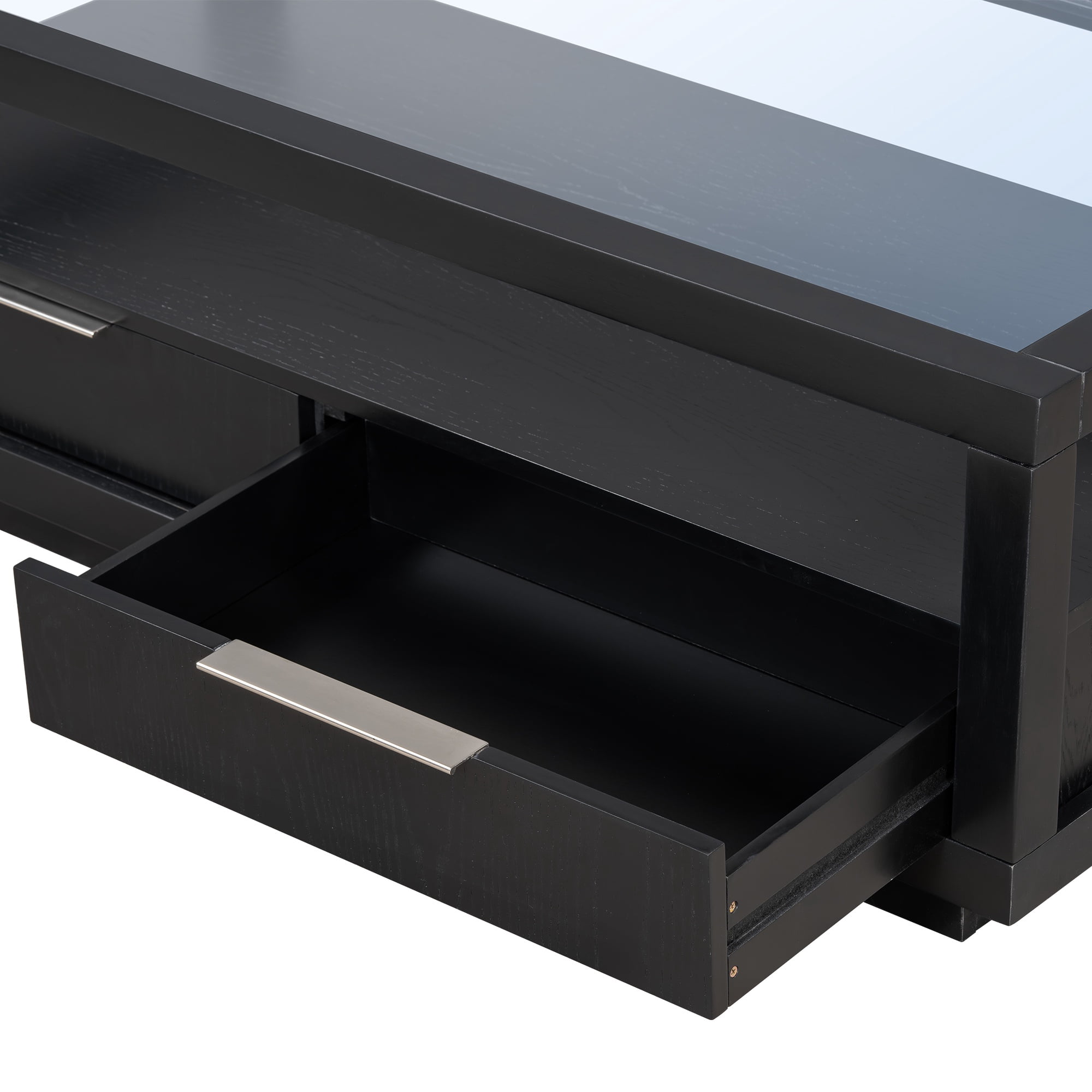 PORKISS Black Coffee Table, Wood Display End Table with 2 Drawers, Modern Center Table with Tempered Glass Table Top and Open Shelf for Living Room, Black