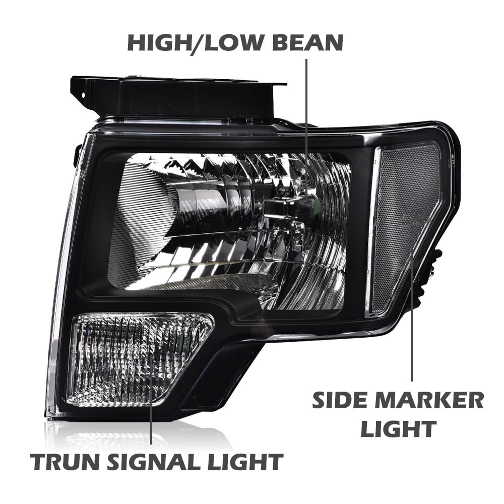 CROSSDESIGN Black Headlights Fit for 2009-2014 Ford F150 Headlamps