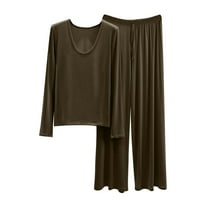 Casual Shorts Sets Women 2 Piece Outfits Plus Size Women Two Piece Outfits Sets Fall Pants Women's Loose Solid Color T-shirt Wide Leg Pants Home Wear Two-piece Long Sleeve U-Neck Shirts Sets