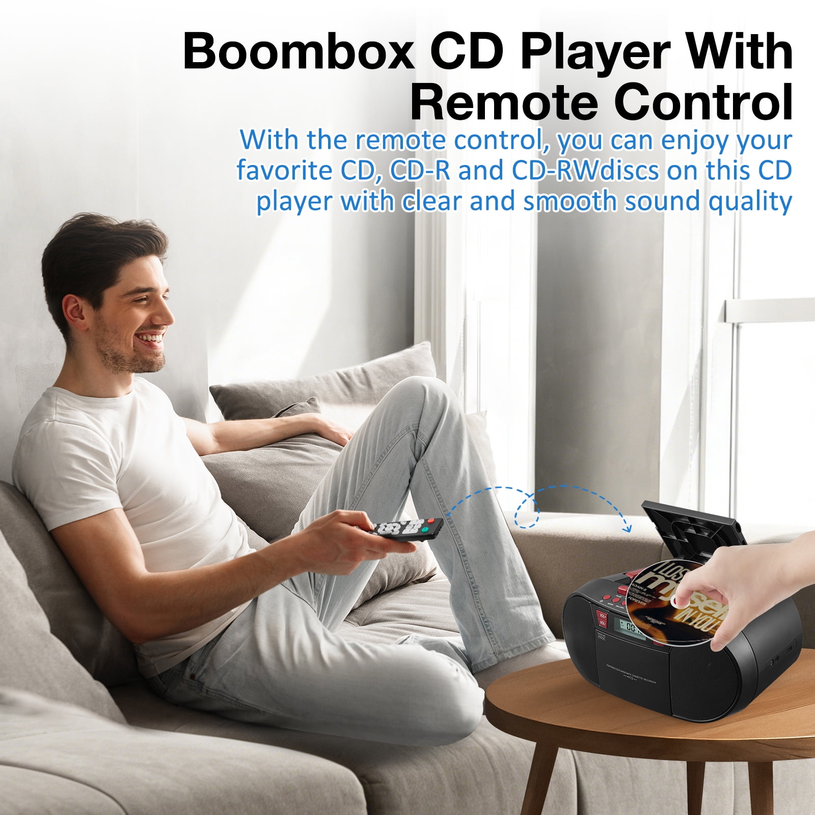 CD Player Boombox with Bluetooth and FM Radio,Stereo Sound with Remote Control and USB Port,3.5mm Aux Input and Headphone Jack.
