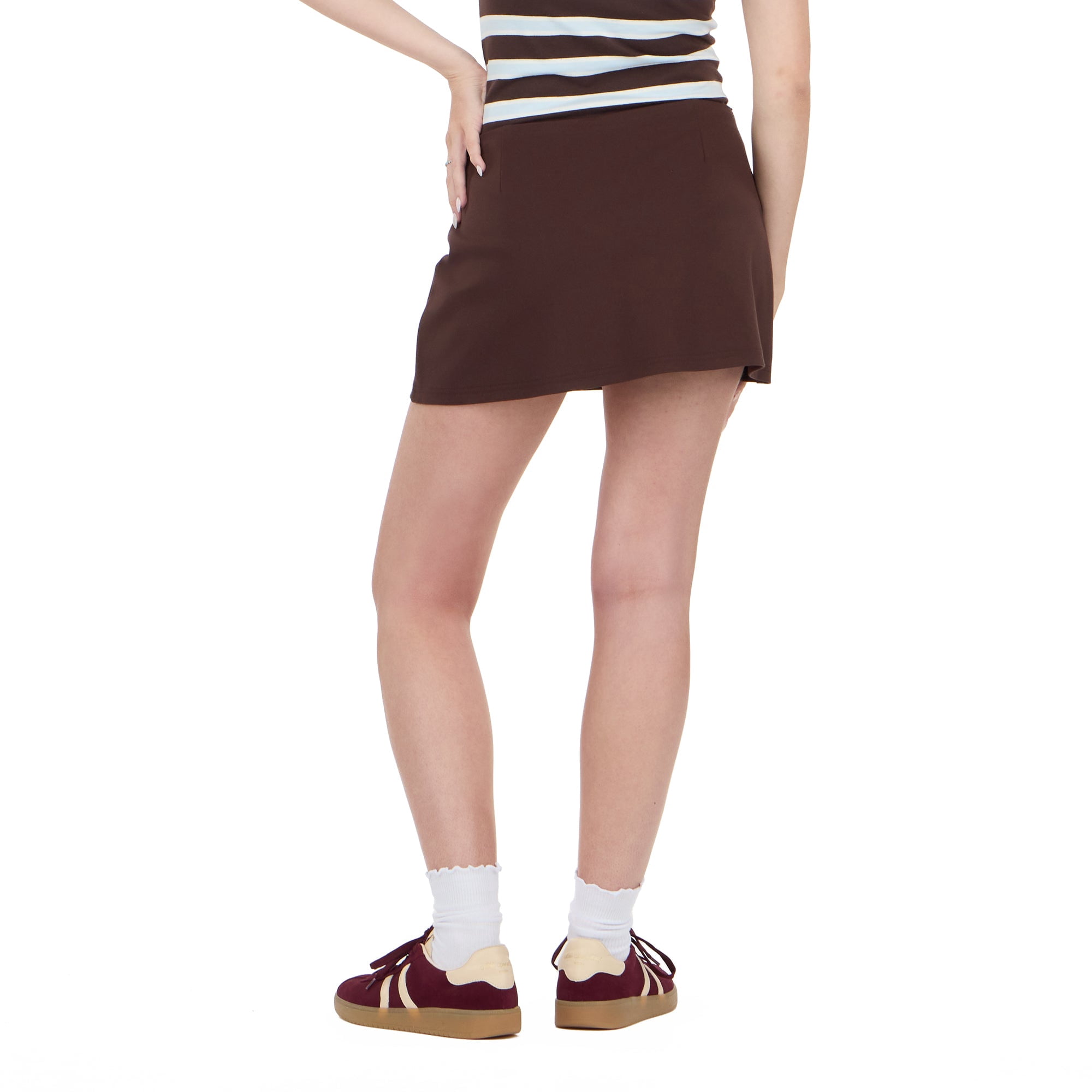 Forever 21 Women's Mini A-Line Skort with Built-In Inner Shorts, Soft Stretch Casual Mini Skirt Shorts Combo, Everyday Pull-On Style, Brown, XXS-XXL