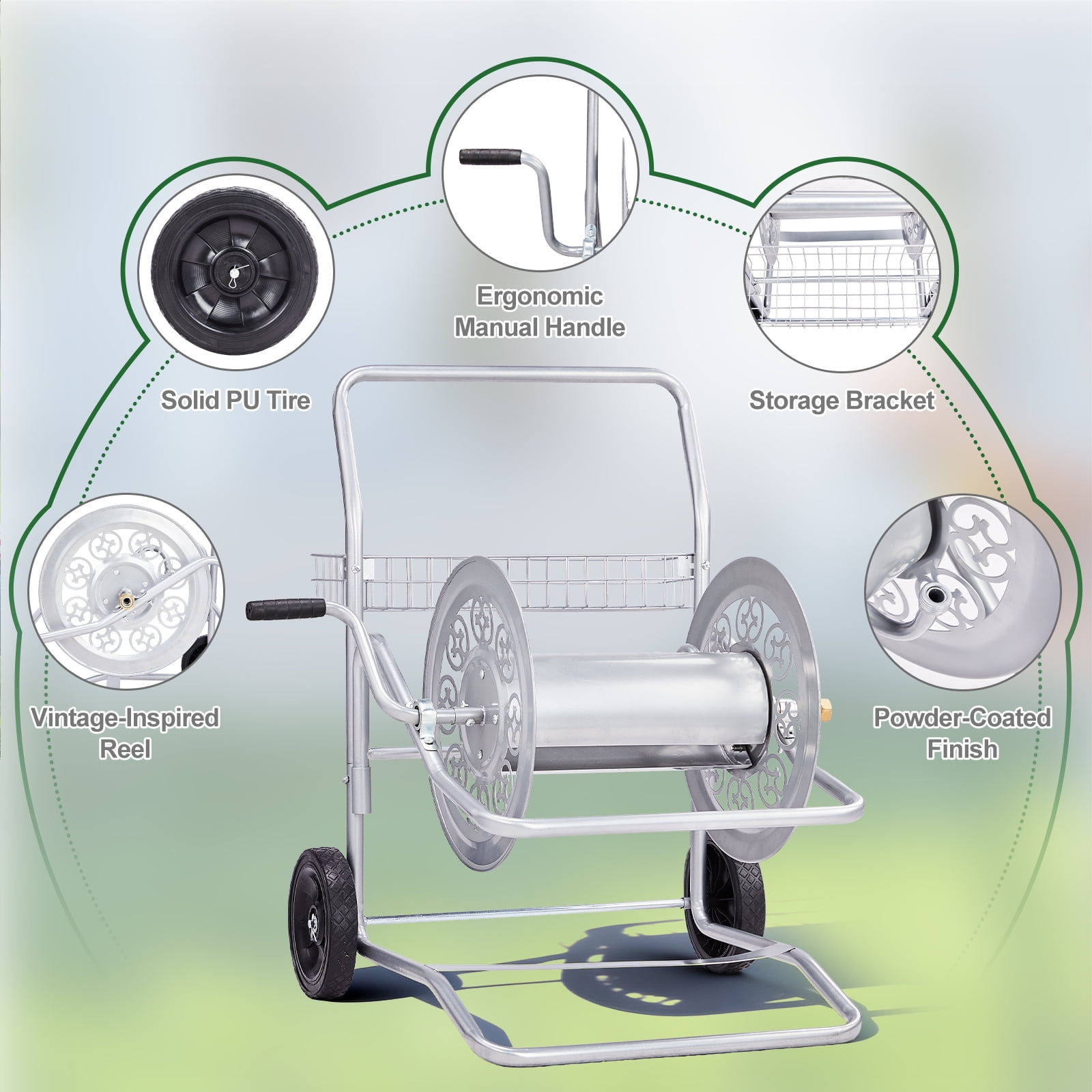 UBesGoo Silver Hose Reel Cart, 200FT Capacity Heavy Duty Steel Frame with Wheels & Easy-Wind Handle