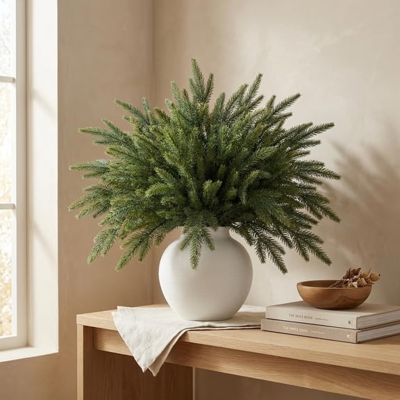 12PCS Artificial Norfolk Pine Stems 18 Inch, Faux Evergreen Pine Picks, Realistic Fake Pine Greenery Branches for Vase Fillers, DIY Wreath Garland Craft, Christmas Holiday Home Decor(no vase)