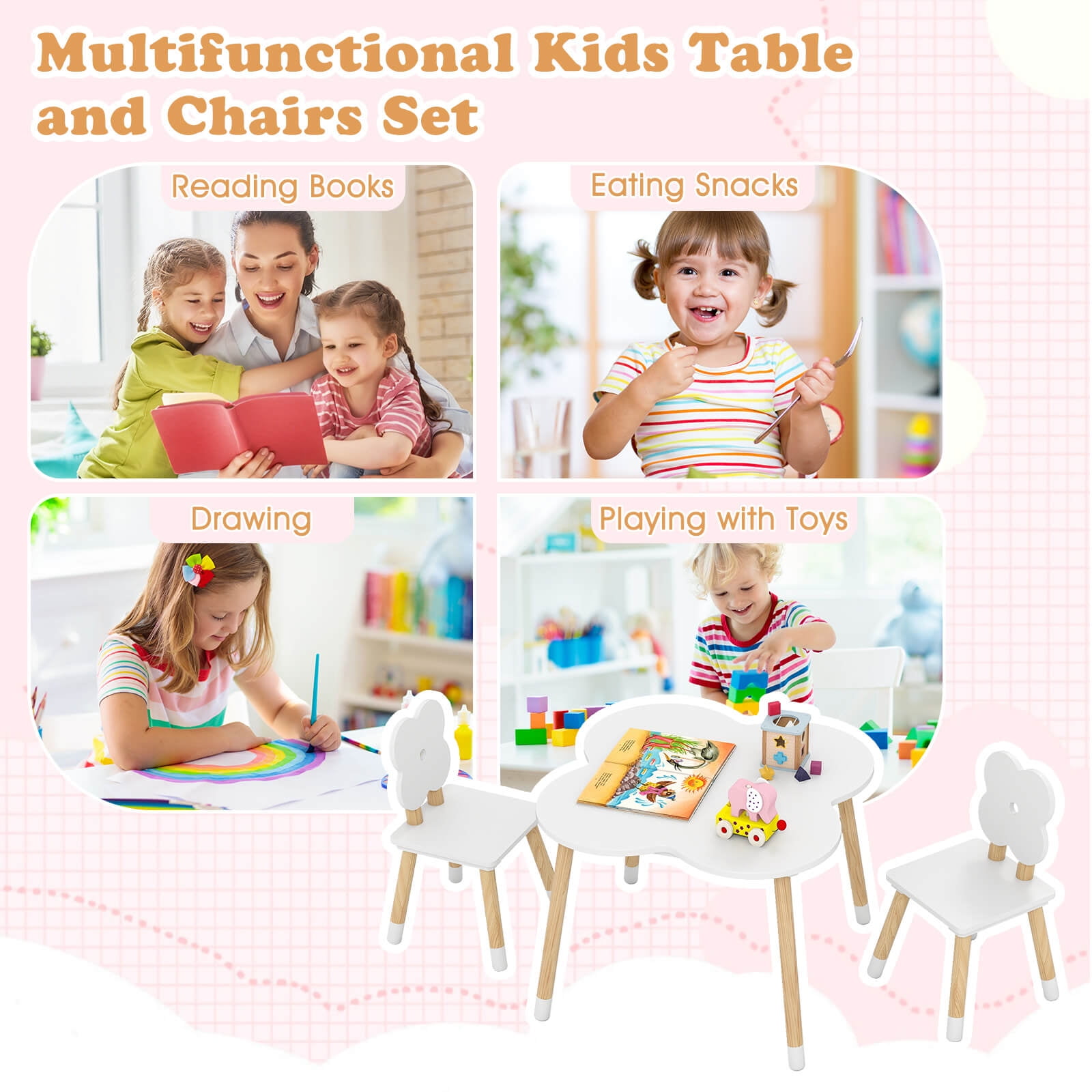 Costway Flower-shaped Kids Table Set with 2 Child-sized Chairs Solid Pine Wood Legs White
