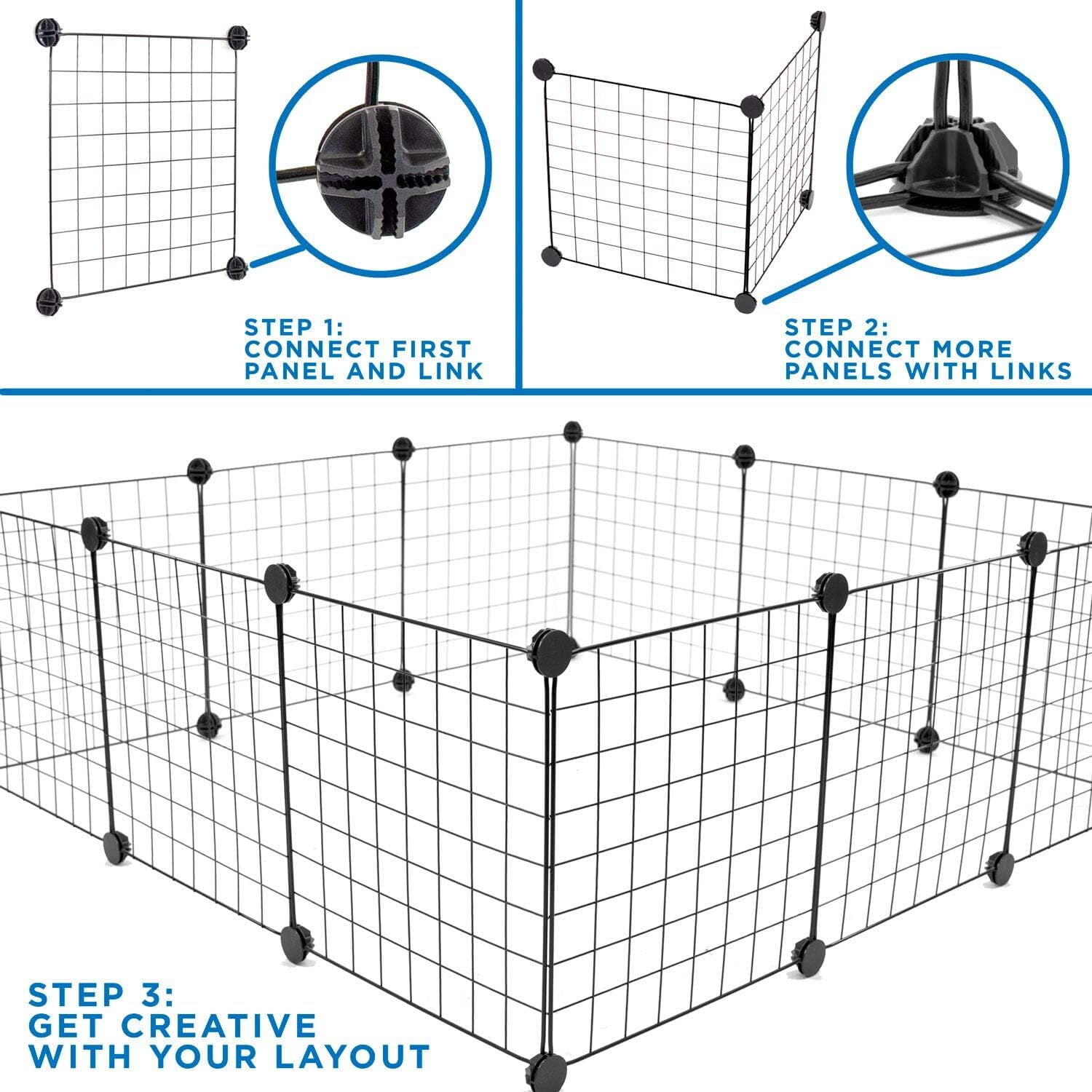 Metal Wire Storage Cubes Organizer, 15 x 15 inch DIY Small Animal Cage for Rabbit, Guinea Pigs, Puppy, Pet Products Portable Metal Wire Yard Fence (Black, 12 Panels)