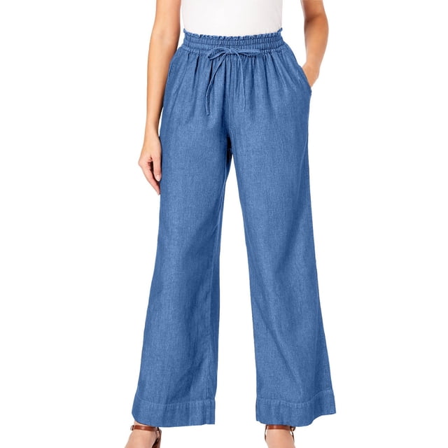Timegard Pants for Women Straight Leg Elastic Waist Drawstring Jean Pants Fall Casual Loose Trousers