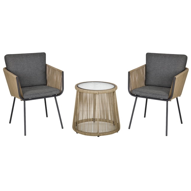 3-Piece Wicker Patio Furniture Set - Grey Rattan Bistro Set with Cushions | Outdoor Conversation Set for Porch, Balcony & Garden | Steel Frame & Glass Table