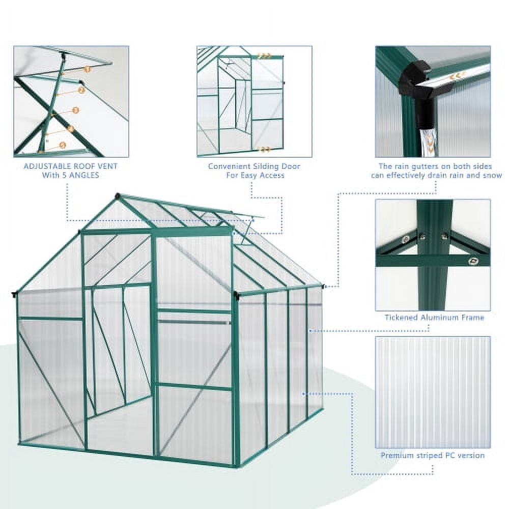 8' x 6' Walk-in Greenhouse for Outdoor, Garden Greenhouse with Metal Frame, Sliding Door, Adjustable Roof Vent and Rain Gutter, Backyard Greenhouse for Plants in Winter