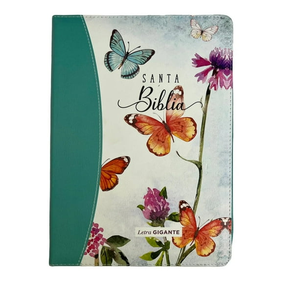Biblia para Mujer con Cierre Letra Gigante 15 puntos RV1960 imit duotono turquesa floral y mariposas con indice