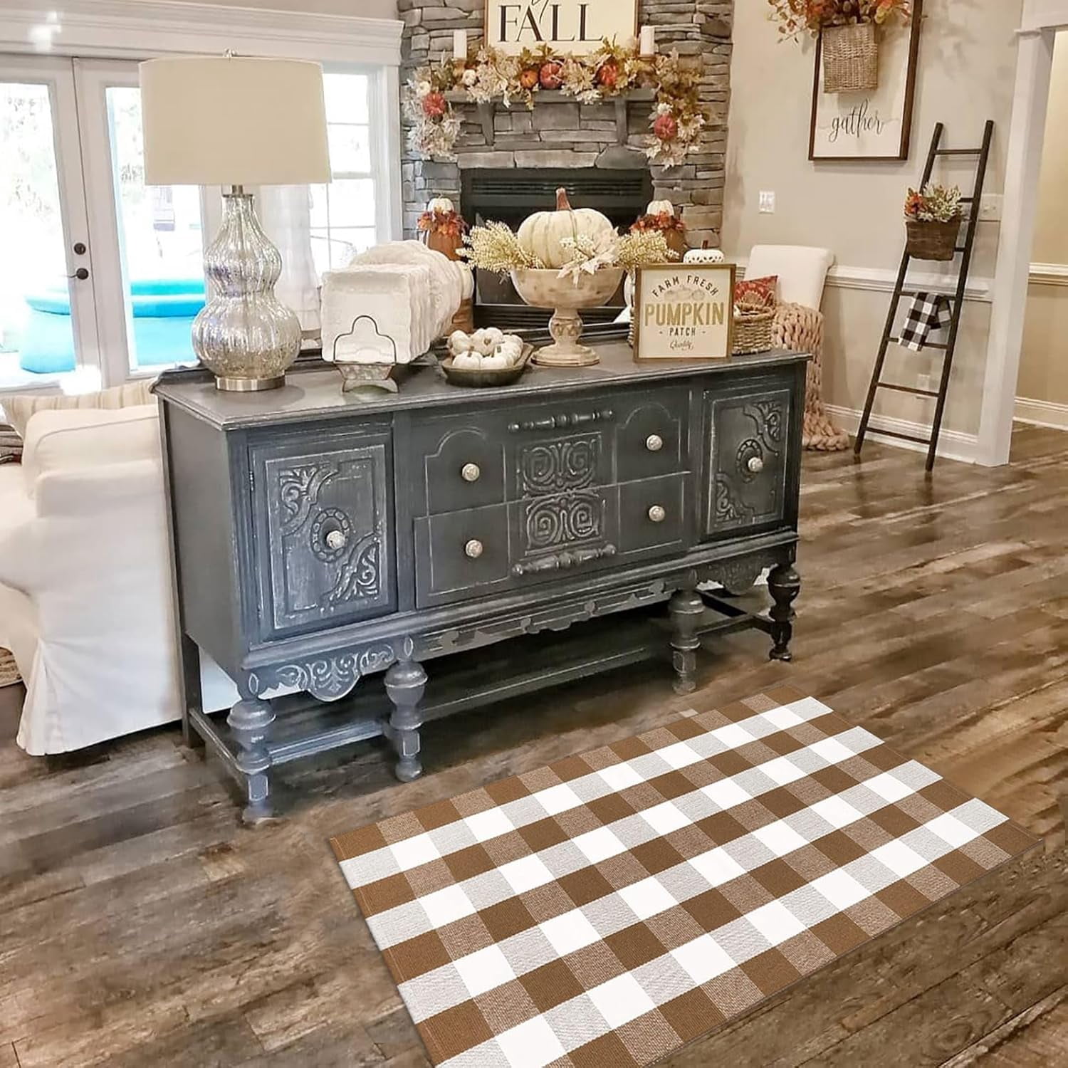 Fall Ourdoor Rug Farmhouse Brown and White Buffalo Check Rug Layered Welcome Door Mat for Front Porch Decor, Front Door, Farmhouse Decor(35.4''x59'', Coffee and White)