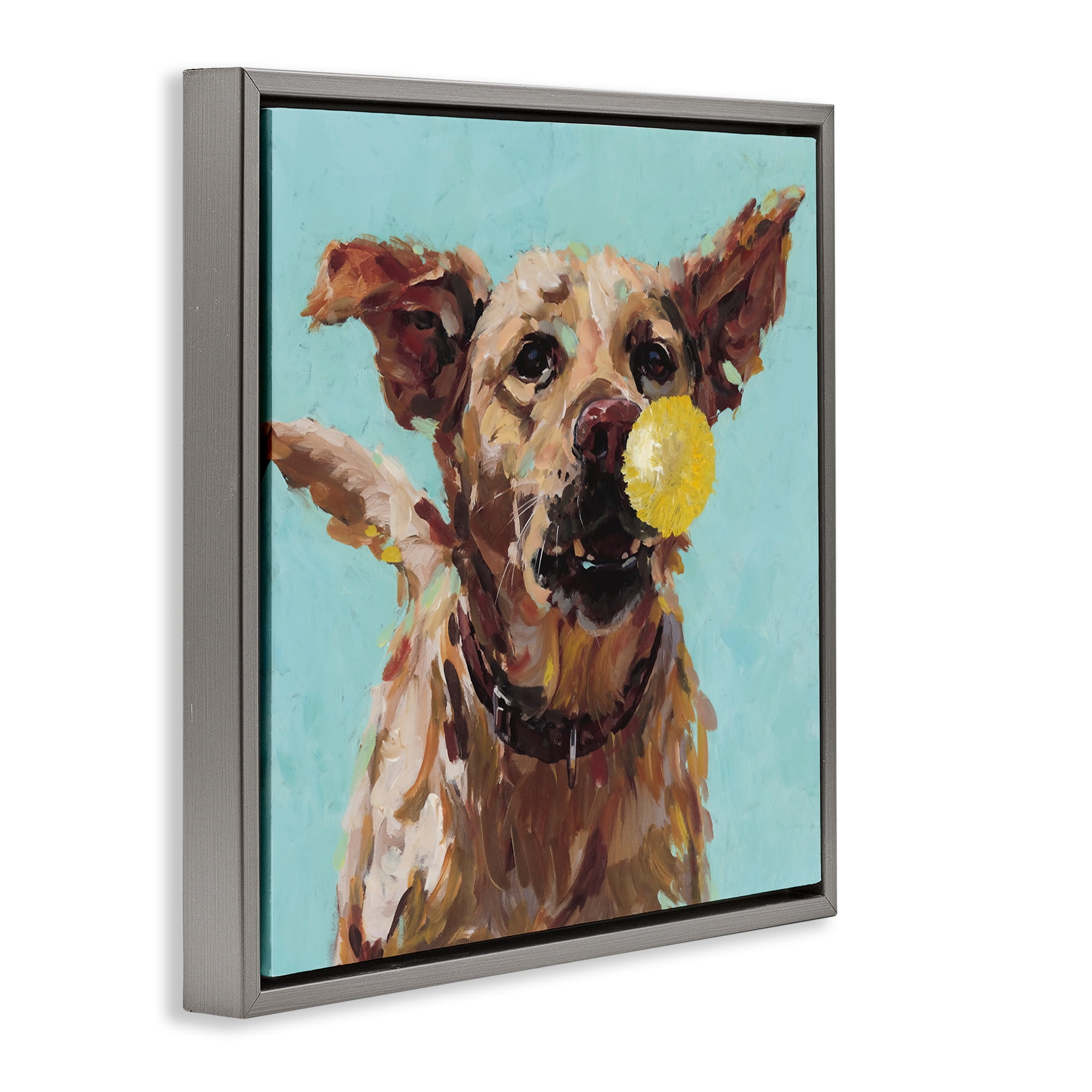 Dog Playing with Ball Gray Framed Floater Canvas Wall Art, design by Studio Bautista