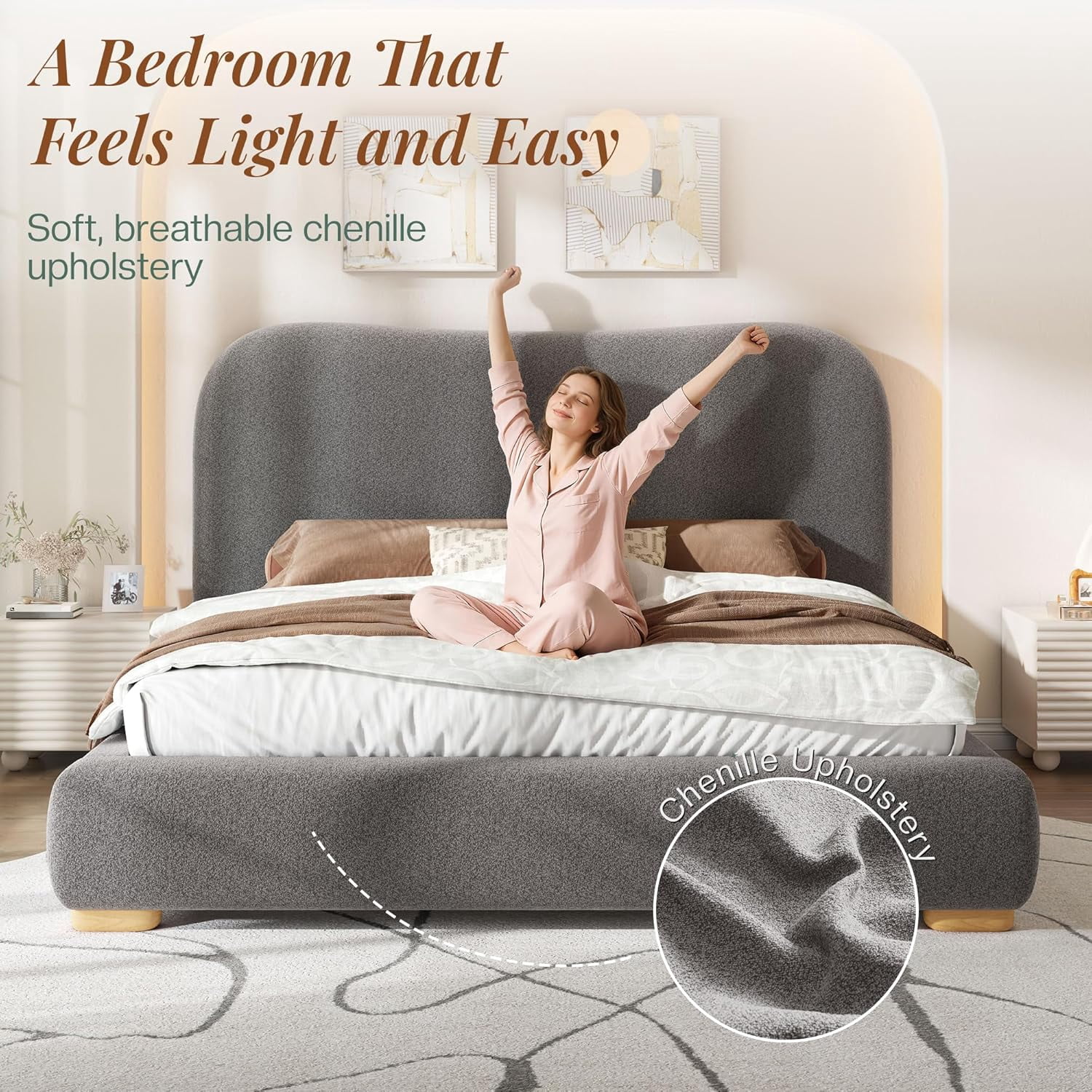 VanAcc Full Size Cloud Bed Frame, 7.1" Thick Curved Headboard, Modern Upholstered Platform Bed, Easy Assembly, Chenille Dark Grey