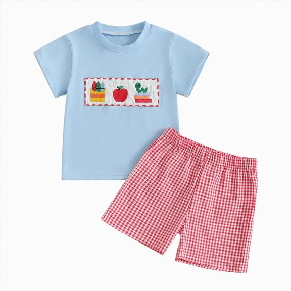 Gubotare Back to School Toddler Baby Boy Outfit Embroidery T Shirt and Shorts Set First Day of Preschool Kindergarten Clothes Light Blue,Size 18-24 Months