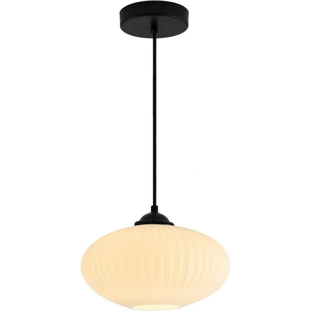KCO Lighting Modern Large Milk Glass Pendant Light Mid Century Black Hanging Lamp